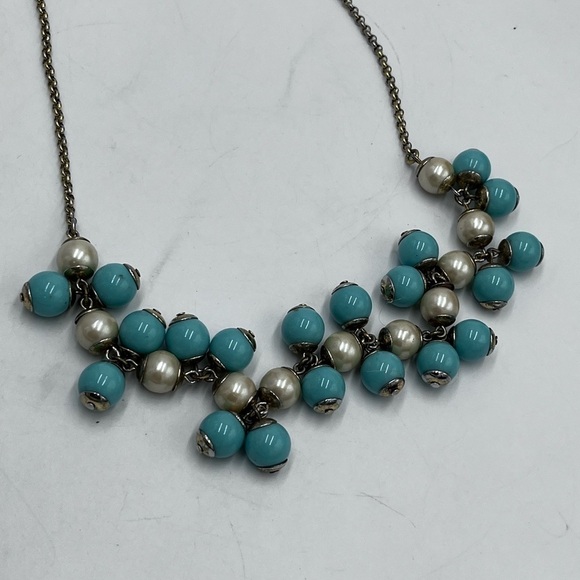 J. Crew Funfetti Aqua Faux Pearl Turquoise Beaded Bauble Cluster Bib Necklace - Picture 15 of 16